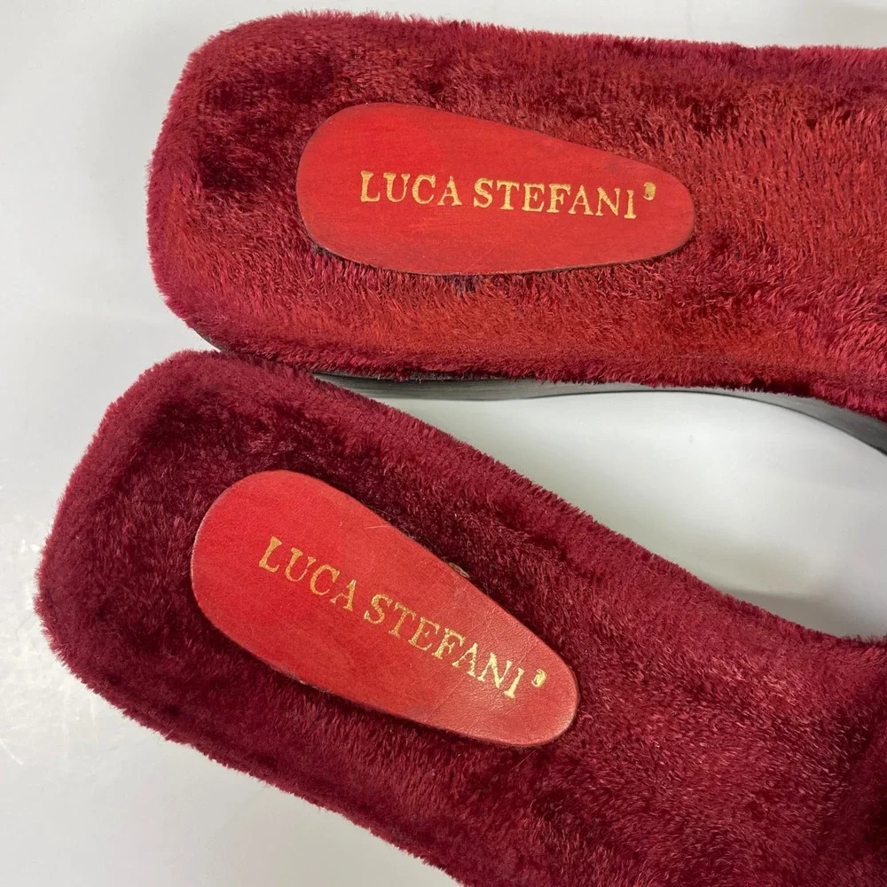 Vintage Luca Stefani Cross Velvet Wedge Sandals Women 41/10 Red Gothic Slides